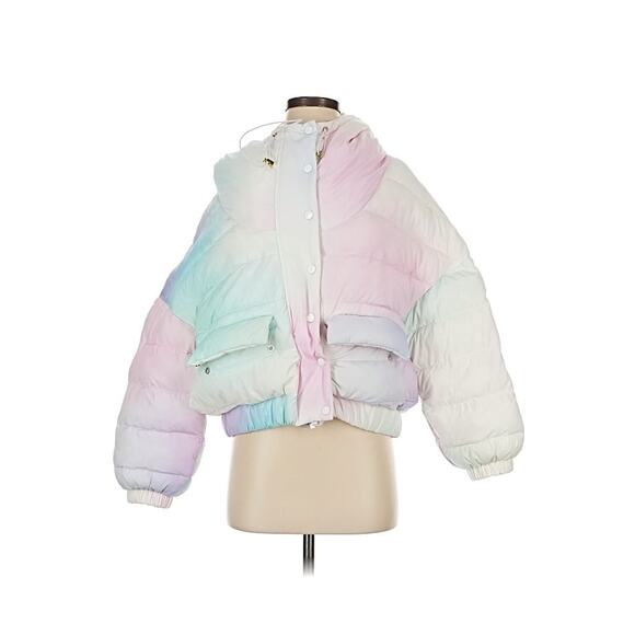 Selkie Iridescent Rainbow Puffer Coat The Pony White Pink XXS FLAW - Picture 3 of 8